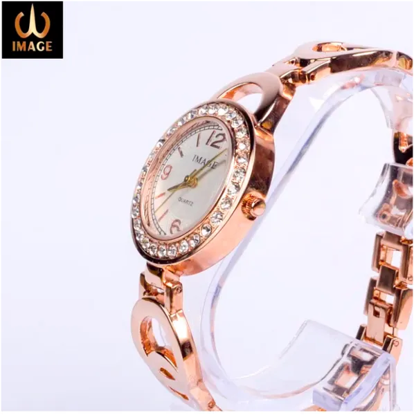 Image Color Fancy Ladies Watches- Stoned Rim ( Rose Gold & White )